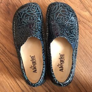 Alegria Blue Embossed Rose Shoe